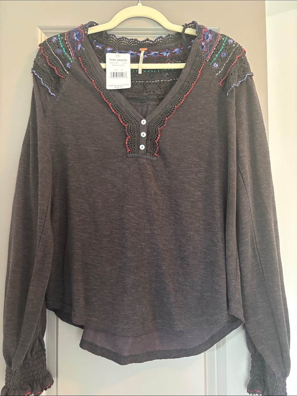 Free People Charcoal Embroidered top NWT